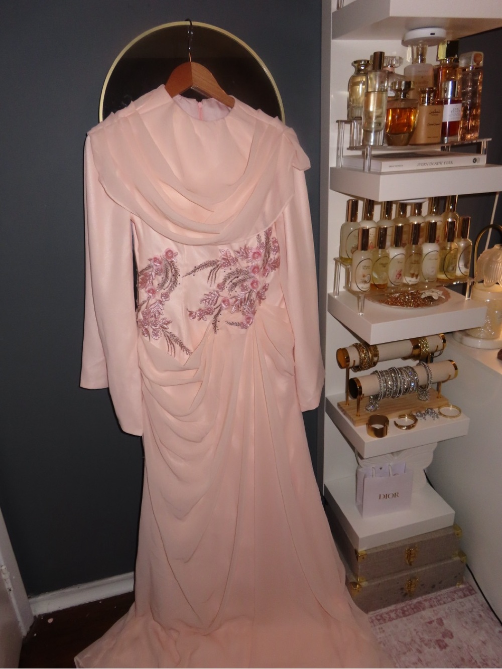 Custom Blush Pink Chiffon Draped Gown with Beaded Embroidery | XS/S